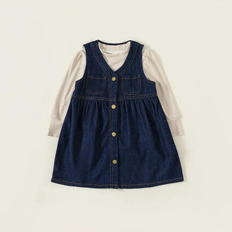 Meisje Jurken Herfst Kinderen Vest Rok Pak Effen Kleur Top Denim Baby Jurk Lange Mouw Kinderkleding Set