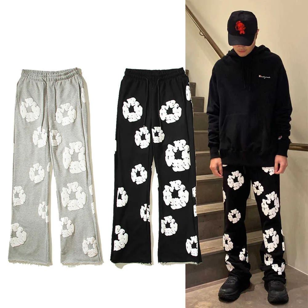 American Style High Street Hiphop Threedimensional Kapok Printed Flared Wide Leg Pants for Men and Women Loose Casual Sanitary
