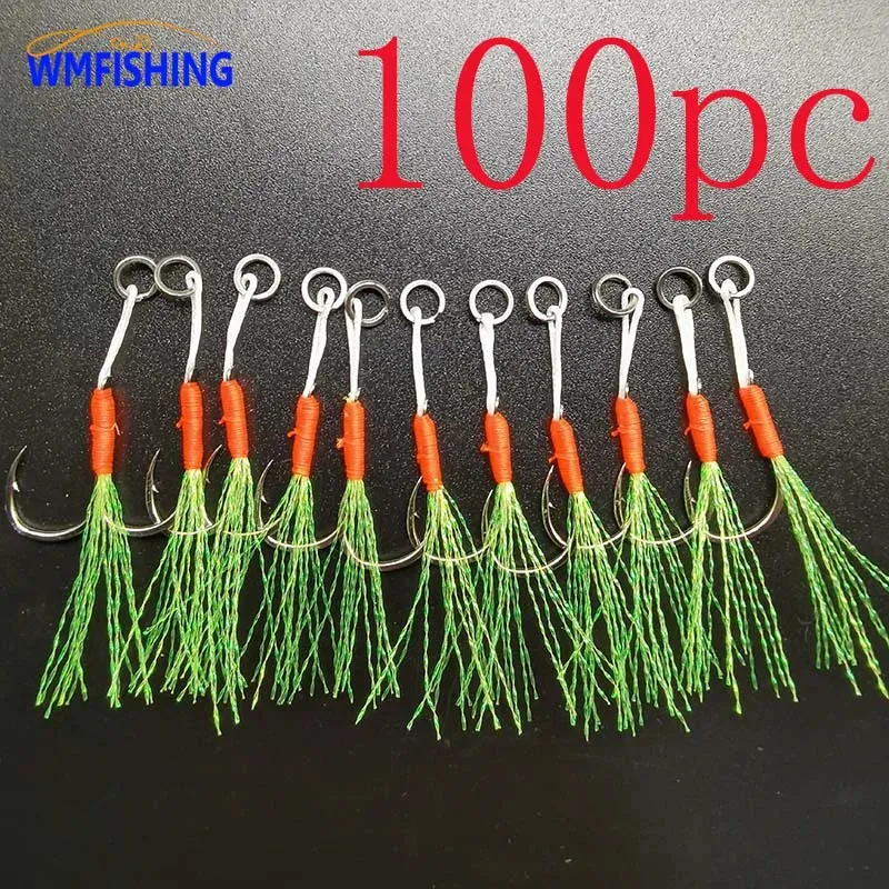 100pcs/Lot مساعدة Hook Fishing Fish Fish Fish Jigs Parbed Single Jig Hooks Thread Feather Pesca Carbon Steel Peche Slow Jigging 240108