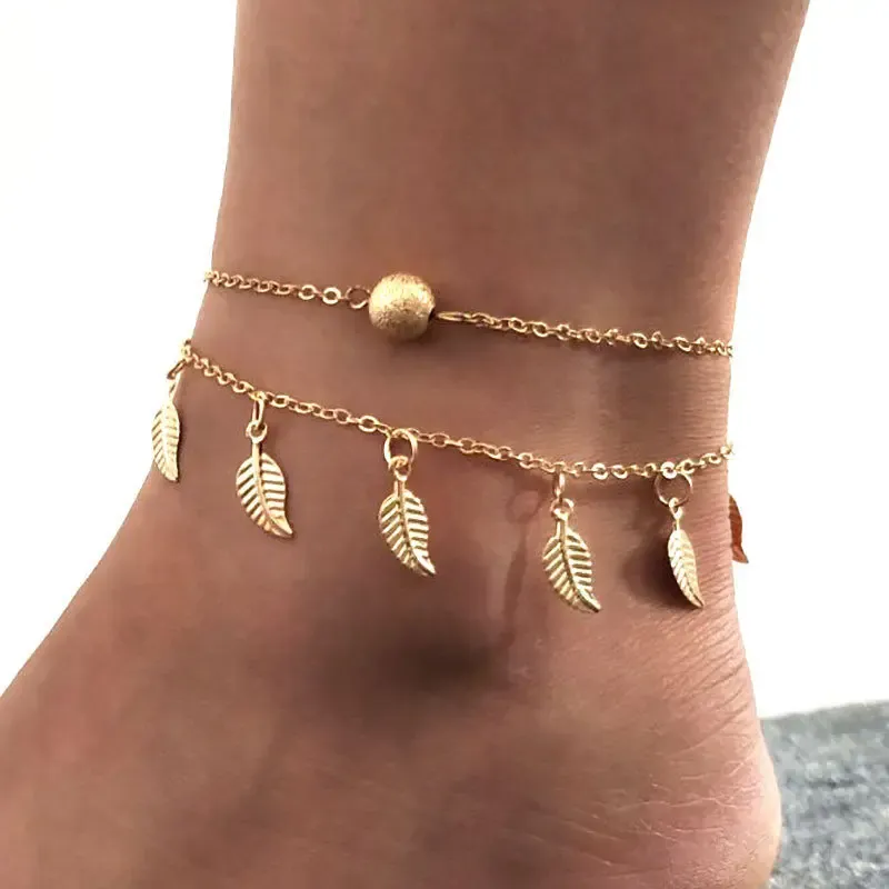 Tobilleras de oro amarillo de 14k para mujer, accesorios para pies, pulsera para sandalias descalzas, tobillo en la pierna, 2 unids/set por juego