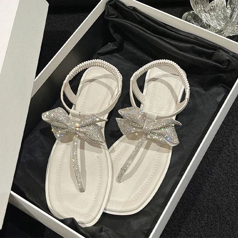 Bow women's slippers flat shoes open toe open heel sandals 2024 summer new sandals fashion party shoes