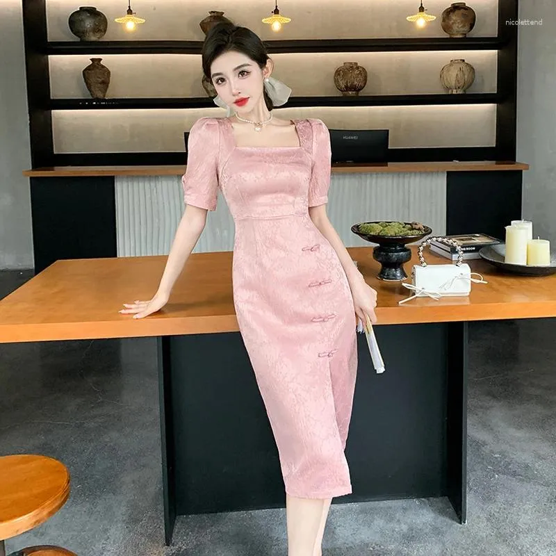 Вечерние платья Платье женское летнее в китайском стиле Улучшенное Cheongsam Темперамент с квадратным воротником с короткими рукавами для похудения Бедра средней длины