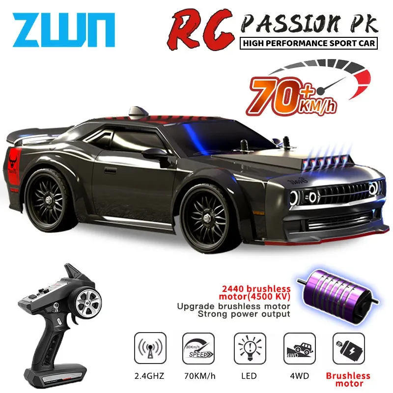 ZWN 1 16 70kmh Brushless RC Drift Car With LED Lights 4WD Electric High Speed Racing Remote Control Monster Truck for Kids Gift 240106