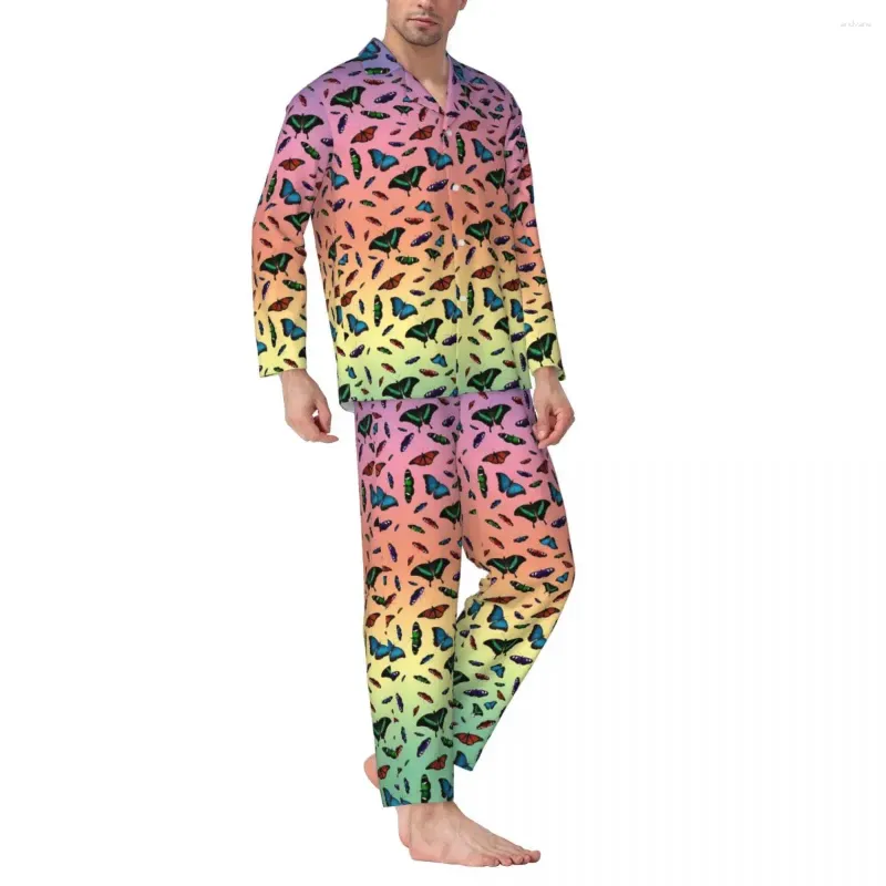 Homens sleepwear arco-íris borboleta pijamas homens bonito animal kawaii noite nightwear outono duas peças casual solto design de tamanho grande conjuntos de pijama