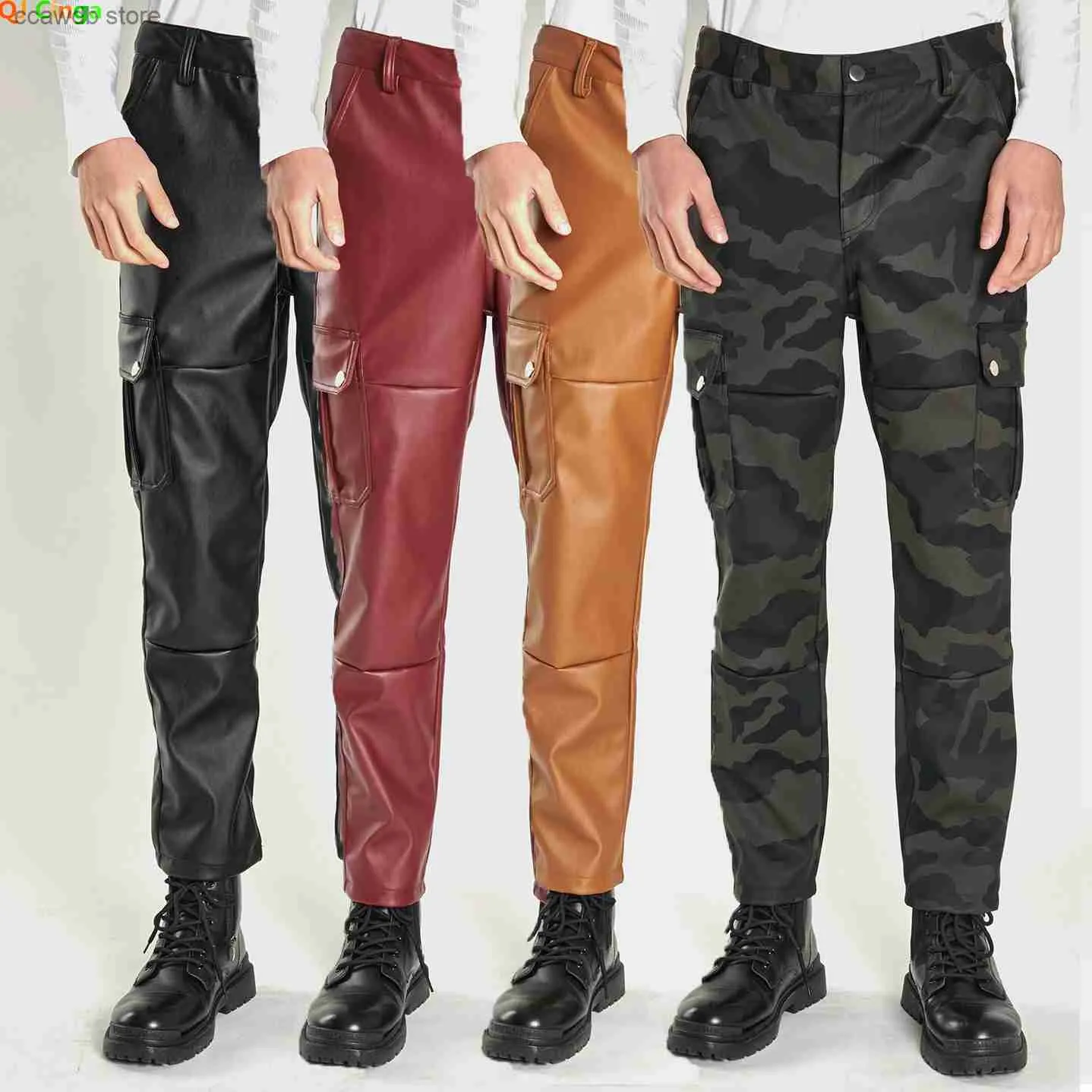 Men's Pants Camouflage Casual Leather Pants Men's Black Biker Leather Trousers Windproof Waterproof Dirty Multi-pocket Decorative PU Pants T240108