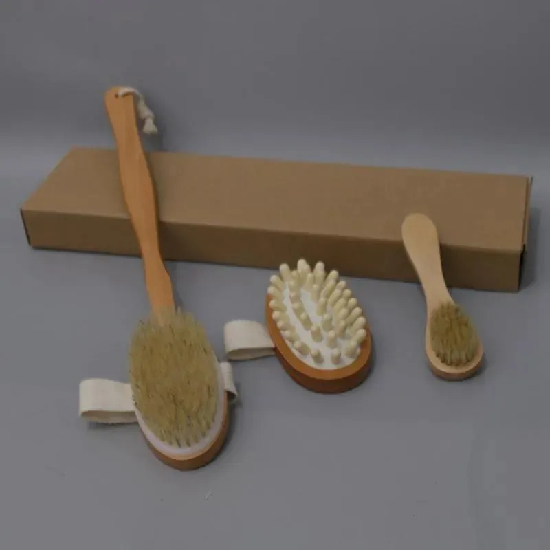 Yıkıcılar 3 adet/set banyo fırçası set kuru cilt gövdesi yumuşak doğal kıl fırçası ahşap banyo duş fırçaları spa gövde fırçası çıkarılabilir saplı