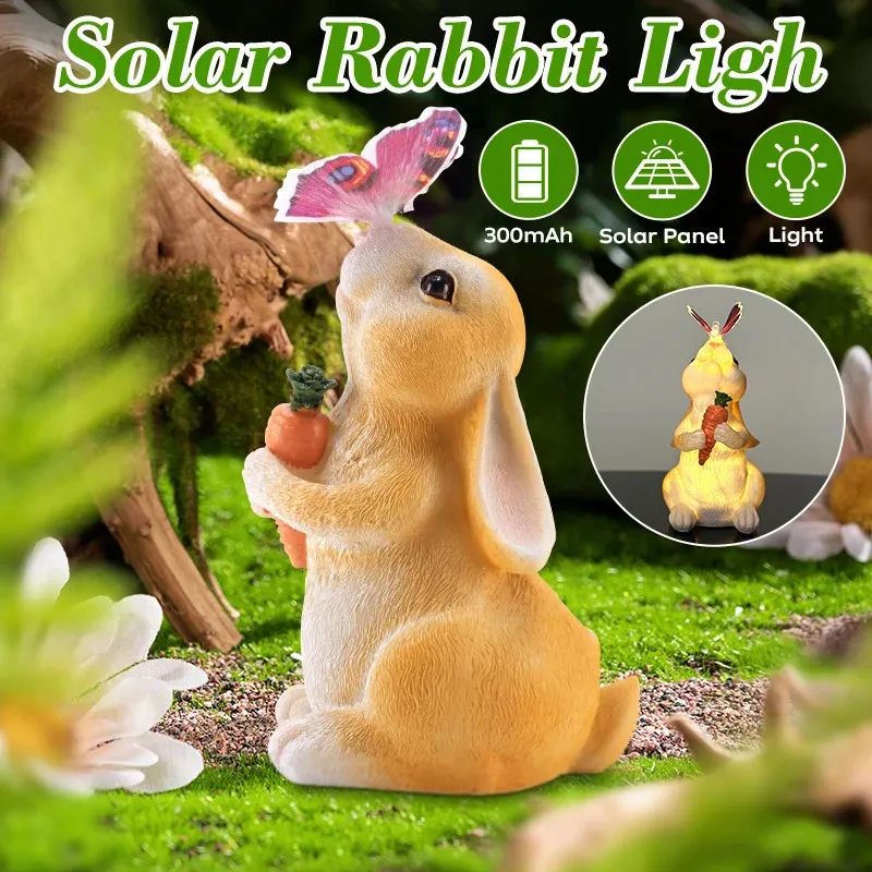 Luminous Bunny Garden Statue Decor z motylem na zewnątrz wodoodporne LED Rabbit Solar Light for Yard Lawn Dekoracja wielkanocna 240108