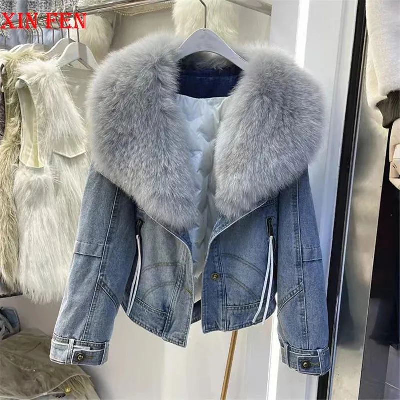 S Fashion Denim Goose Down Big White Fox Fur Collar Löstagbar gås ner Filling Lnner Foder High End Jacket 240106