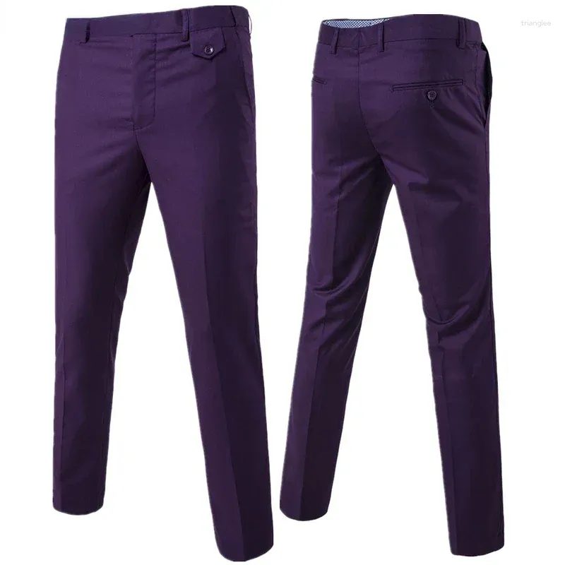 Men's Pants Purple Slim Fit Straight Men Formal Office Flat-Front Trousers Mens Business Wedding Suit Male