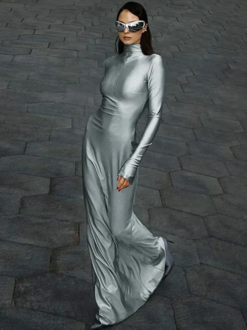 2024 Spring New Women's Sexy Zipper Solid Grey Long Dress Street Elegant Women's Slim Fit Party Night Club Dress 240108