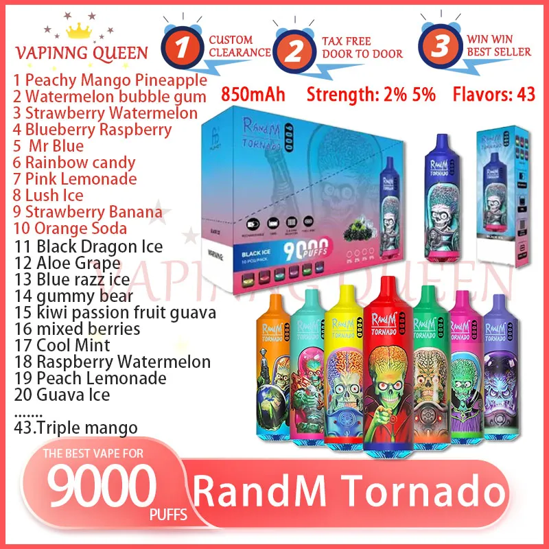 100% d'origine RandM Tornado 9000 Puff Jetable E Cigarette 0,8 Ohm Bobine de maille 18 ml Pod Batterie rechargeable 600 mAh Puffs 9K 0% 2% 3% 5% RBG Light Vape Pen Kit