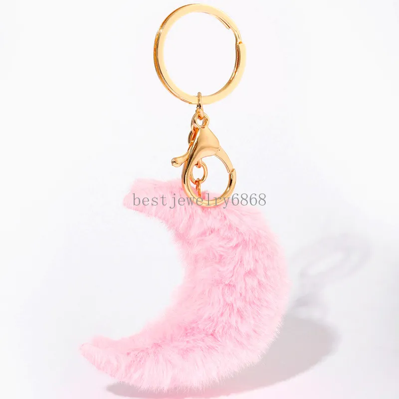 Chaveiros de pompom em forma de lua, chaveiros femininos de pele sintética com pingente de bolas de cabelo, porta-chaves, enfeites pendurados, decorações