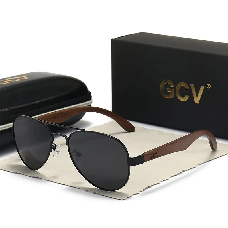Óculos de sol gcv 2022 novo piloto de madeira artesanal óculos polarizados óculos masculinos uv400 proteção espelho óculos nogueira madeira oculos g369