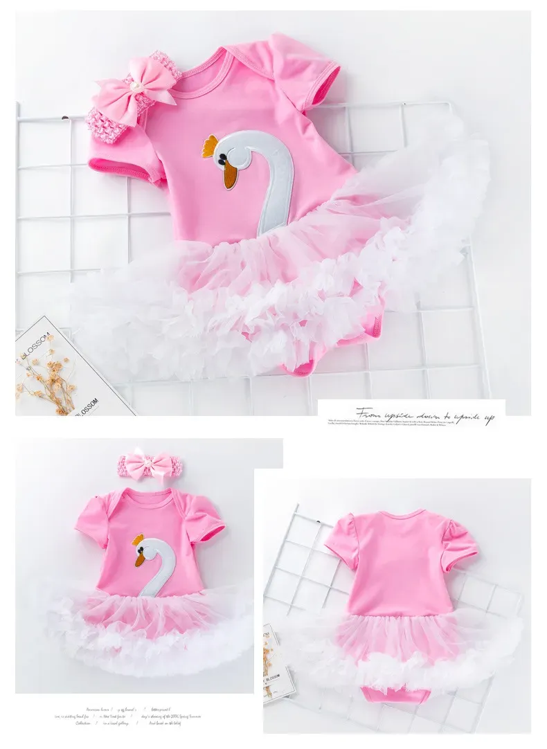 02 years newborn baby cute swan romper tutus with headband babies swan onepiece jumpersuit with ruffle skirts lovely outfit