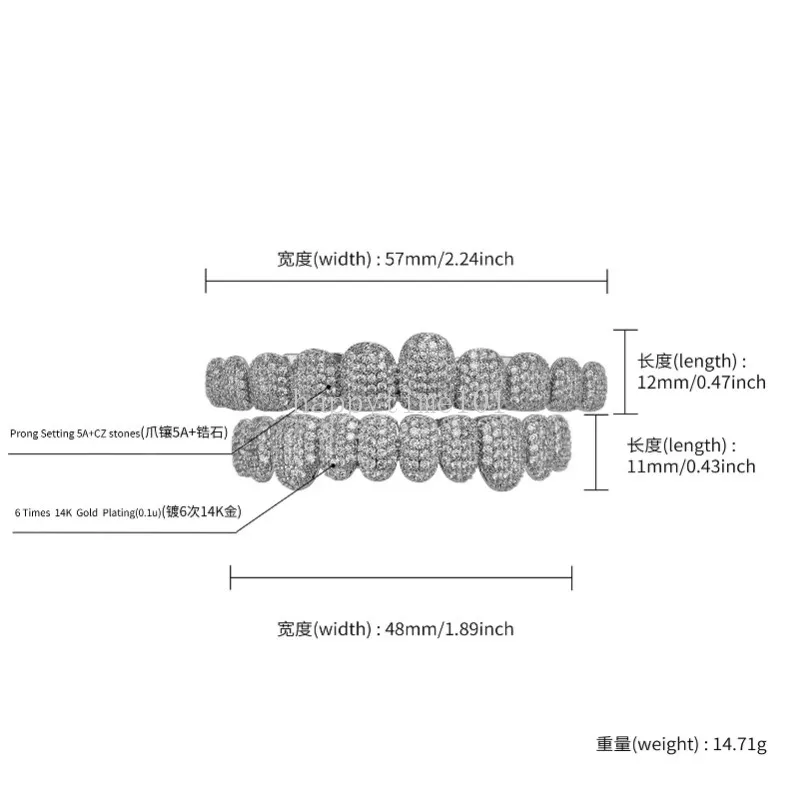 10 أسنان bling شوايات الأسنان الزركون الصافية للرجال للرجال نساء 18K الذهب مطلي بالقلق الكامل CZ Grillz مجموعة الهيب هوب Grillz