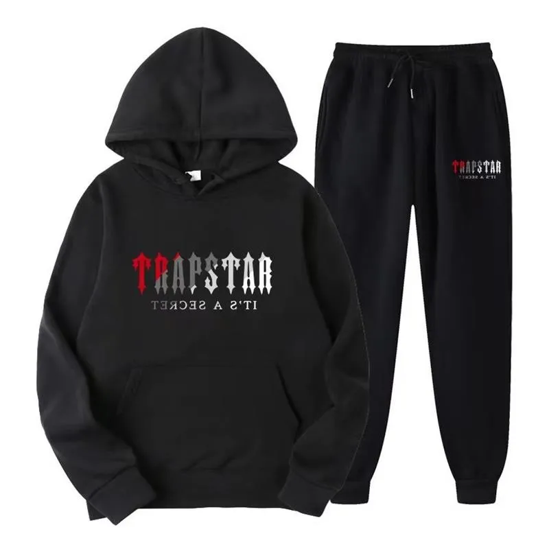 Черный спортивный костюм Trapstar Мужской спортивный костюм с капюшоном Trapstar Бег Баскетбол Спортивная одежда Дизайнерская толстовка с капюшоном Мужские толстовки и брюки Свободный технический костюм для мужчин и женщин с длинным рукавом