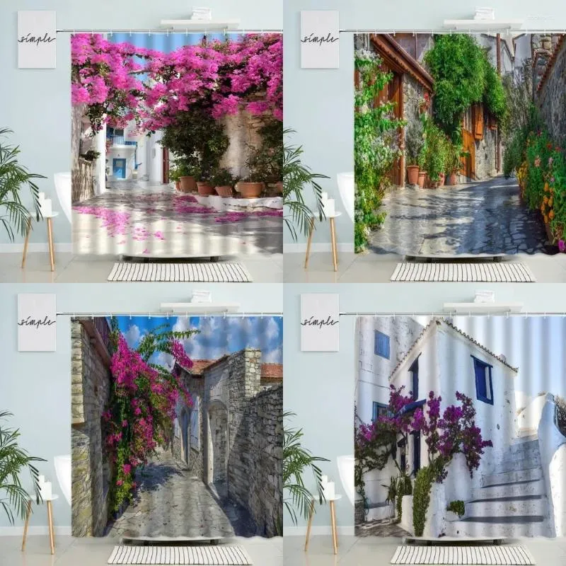 Tende da doccia Grecia Street View Tenda Paese Retro Città Primavera Verde Piante Fiori Viti Scenario Arredamento bagno con schermo a gancio