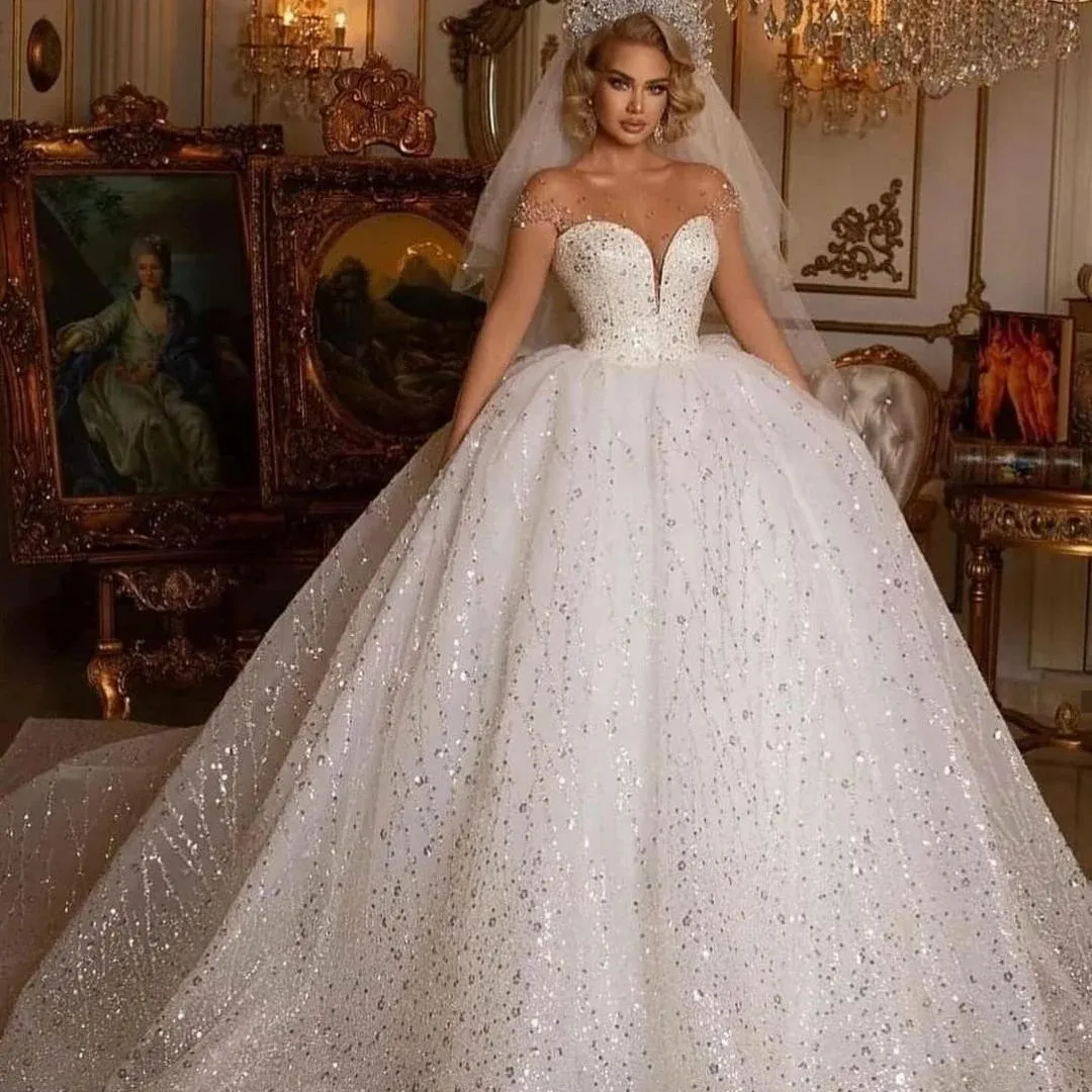 Luxuriöses Pailletten-Hochzeitskleid für Frauen, Prinzessin, Ballkleid, schiere Schatz-Tüll, Perlen, Flügelärmeln, Brautkleider, Vestidos De Noiva, nach Maß