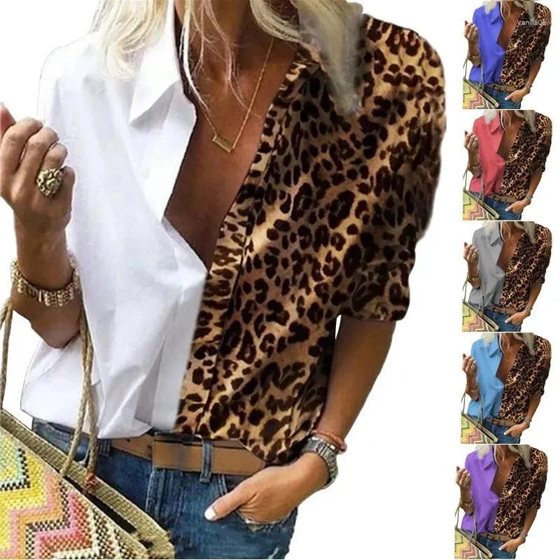 Women's Blouses Foreign Trade Long Sleeve Shirt Leopard Print Color Contrast Loose Chiffon