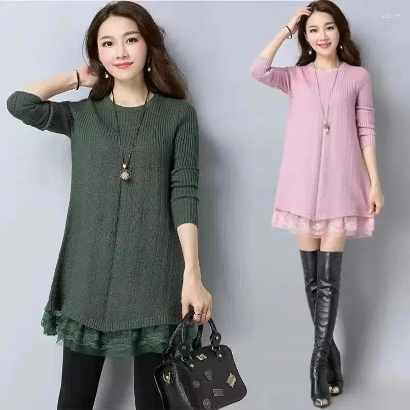 Pulls pour femmes automne/hiver dentelle couture robe pull couleur unie ample à manches longues hauts pulls longue femme tricot N185
