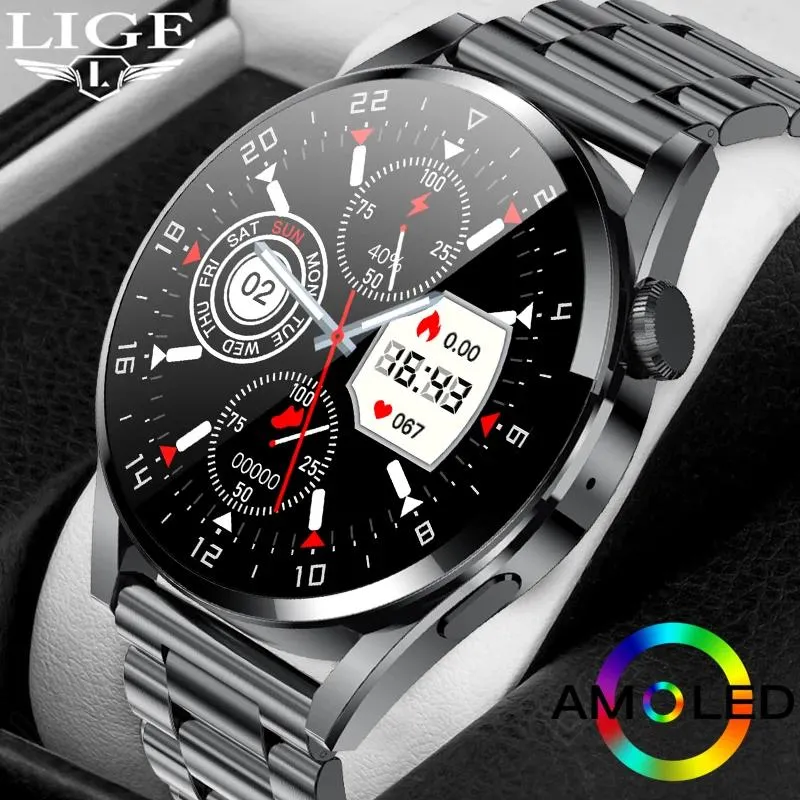 Watches Lige AMOLED NFC Smart Watch Men Smartwatch Tiktok Like Men's Watches Wireless Charger Bluetooth Ring digital klocka för Huawei