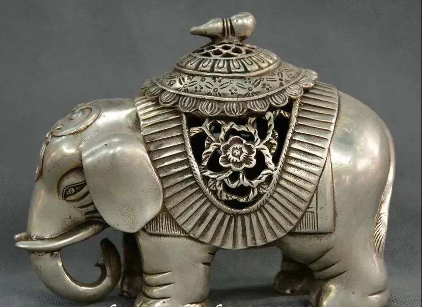 Crafts Chinese fengshui old Miao silver carve elephant censer thurible incensory statue