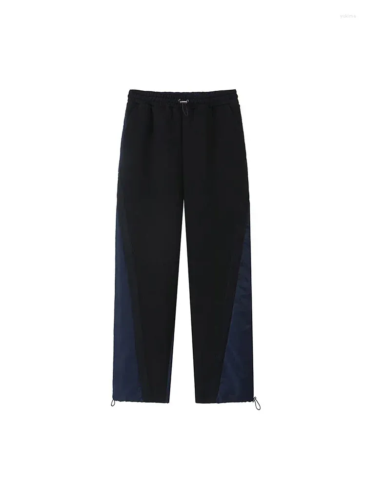 Women's Pants Women Fashion Patchwork Navy Blue Jogging Vintage High Elastic Waist Full Length Female Chic Lady Trousers