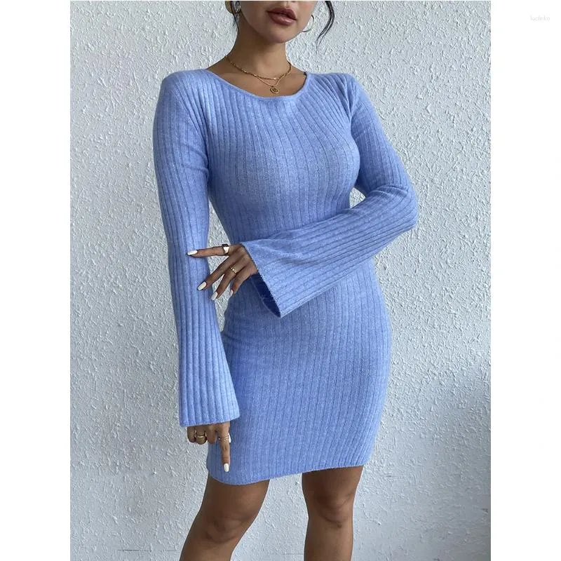 Casual Dresses Elegant Women Sweater Dress Solid Long Flare Sleeve Slim Knitting Vestido Female Backless Short Bottom Frock Spring Fall