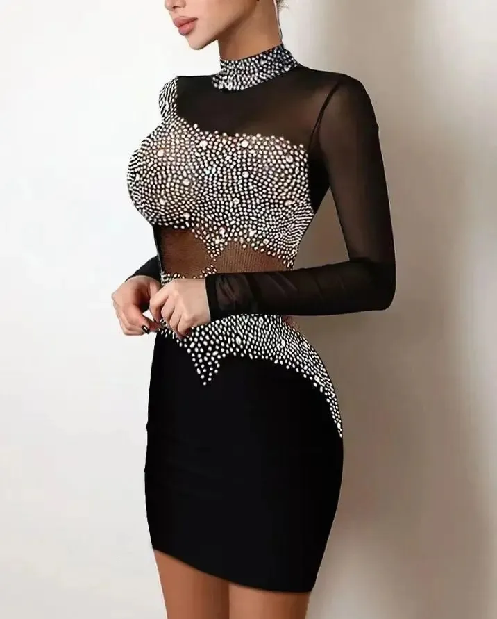 Chic Office Lady Long Sleeve Women's Dresses Luxury Rhinestone Party Night Bodycon Dress Sexy Gala Mesh Splic S-2XL 240108