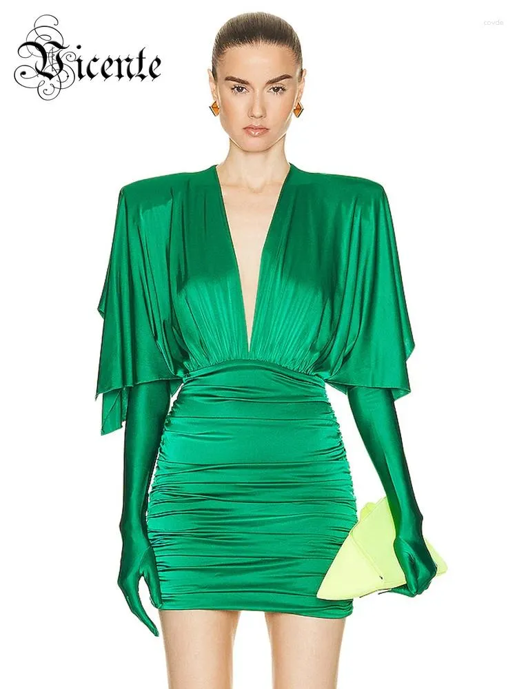 Casual Dresses VC Fashion Streetwear Women'S Dress For Special Event Sexy V Neck Draped Design Green Slim Thin Mini With Gloves