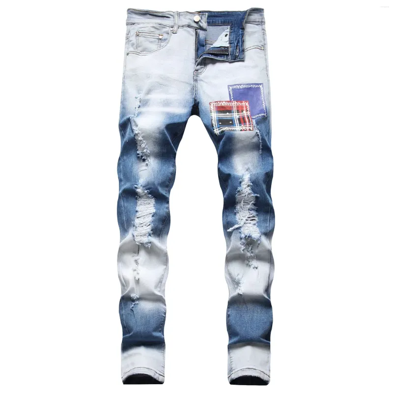 Jeans da uomo Big Size 40 42 Europe Fashion Style Uomo Jenas Pantaloni denim Stampati Pantaloni skinny con foro a righe Slim Blu per il marito 1727