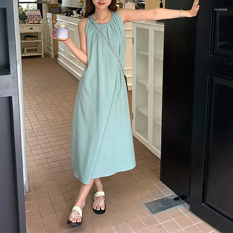 Casual Dresses Tank Top Dress Women's Fashion Korean Open Back Sleuntveless Loose O Neck Solid Color Fold Long 2024 Summer