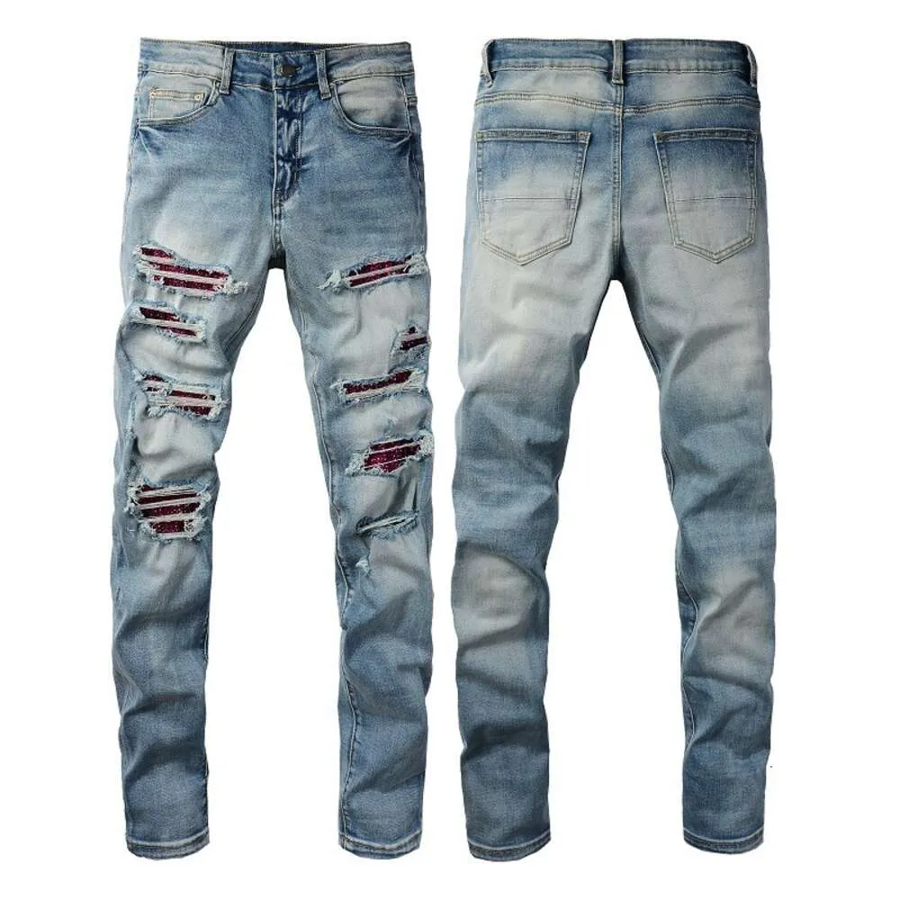 Mens Designer Pants Purple Jeans Amris #1308 High Street Jeans with Diamonds Breaks Slim Fit and Small Feet Jeans