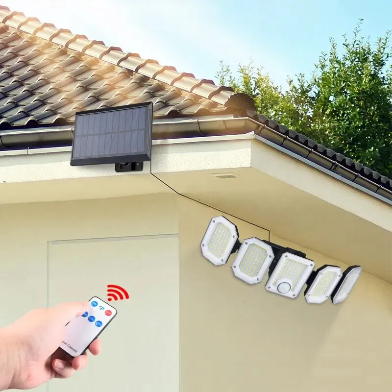 Luz de parede com sensor de tipo dividido de 3 modos, movida a energia solar, 300 LEDs, iluminação grande angular de 270 °, controle remoto para pátio, jardim, carport 240108