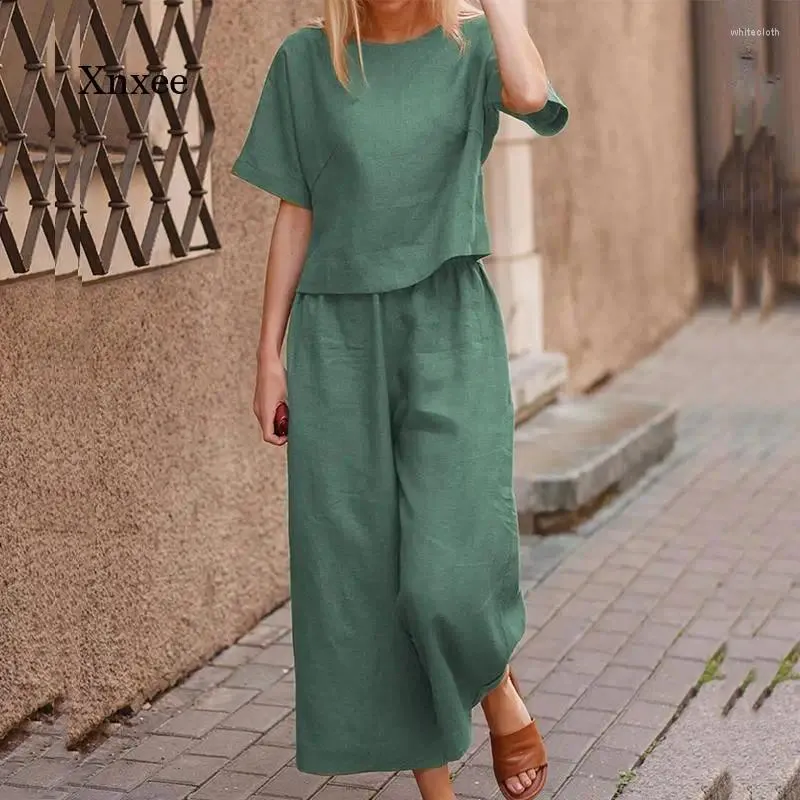 Pantaloni a due pezzi da donna 2024 Abito estivo elegante a maniche corte da donna in puro cotone e lino in due pezzi Casual O-Collo Camicetta a gamba larga