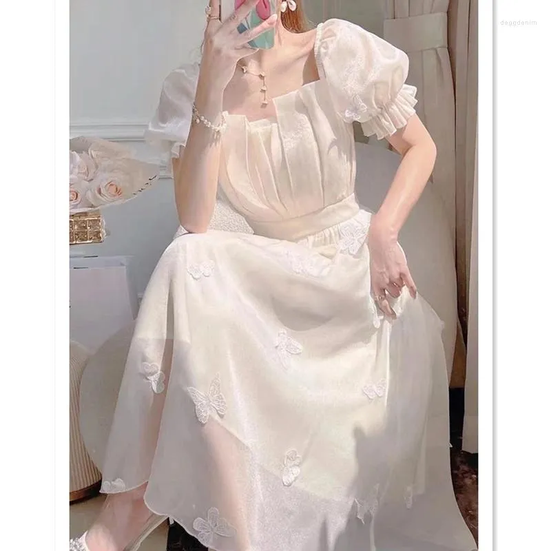 Party Dresses Summer Fairy Women White Chiffon Mesh Dress 2024 Korean Lady Graceful Futterfly Square Collar Midi Dinner Gown