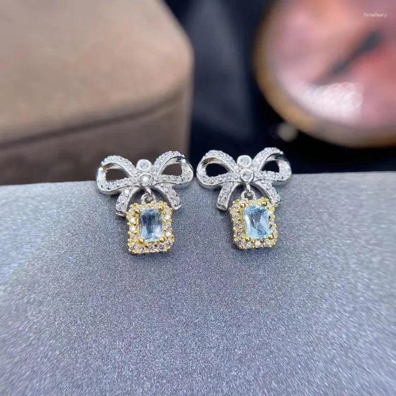 Boucles d'oreilles pendantes avec nœud élégant, aigue-marine bleu clair naturel, boucles d'oreilles en topaze, argent 925, cadeau de fête pour filles et femmes