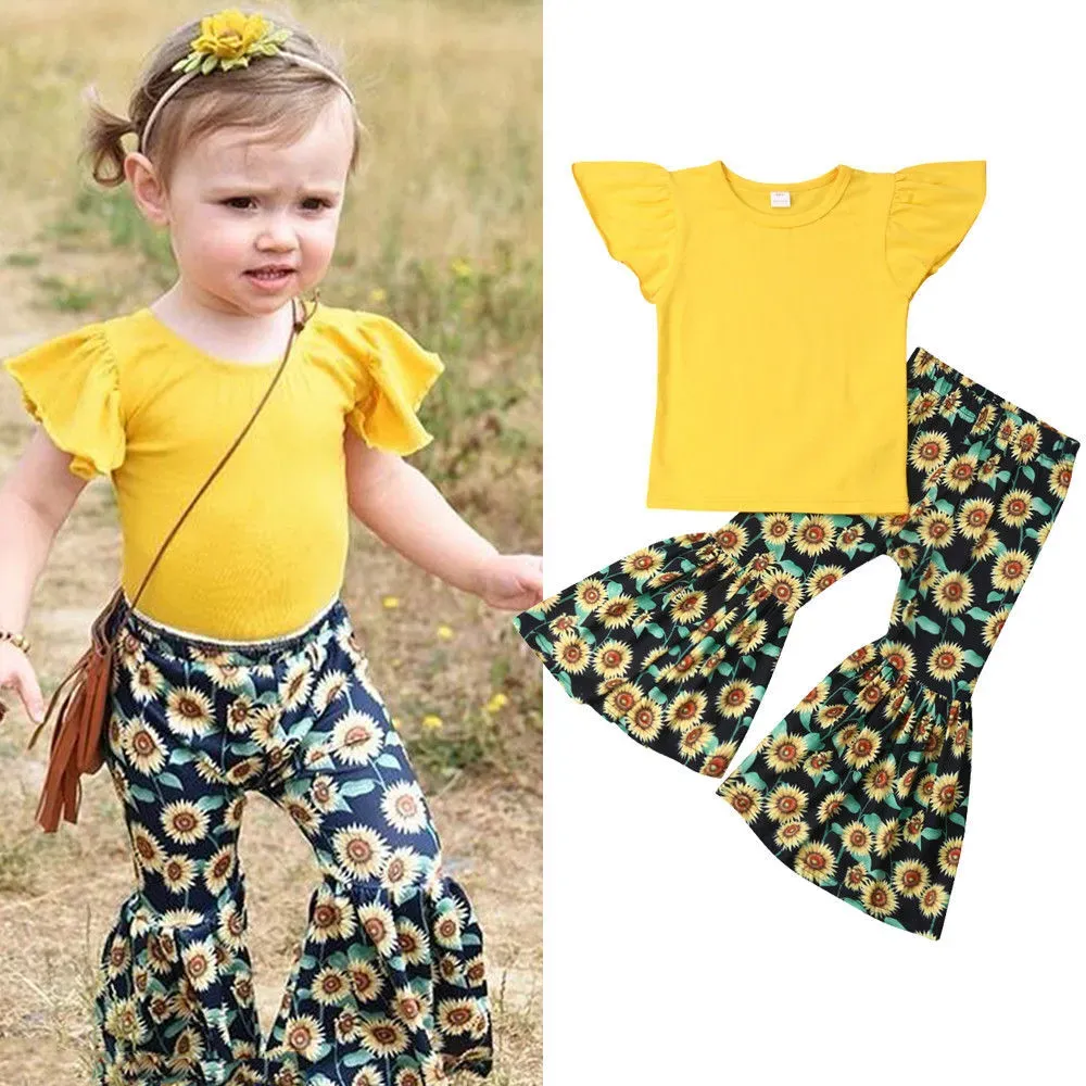 Children suits summer new fashion girls lace top & leopard bell-bottoms children's clothing set boutique