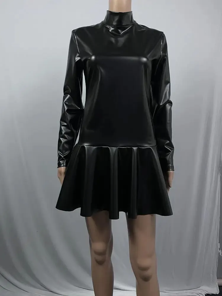 S-5XL Hög krage långärmad faux latex elastisk pu läderklänning cosplay veckad a-line vestido tights sexiga minifalda klänningar 240108