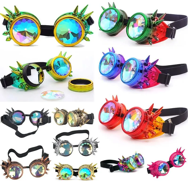 Solglasögon HotSelling Kaleidoscope Rainbow Glasses Herrkvinnors solglasögon Rivet Steampunk Goggles Cosplay Vintage Gothic EDM Eyewear