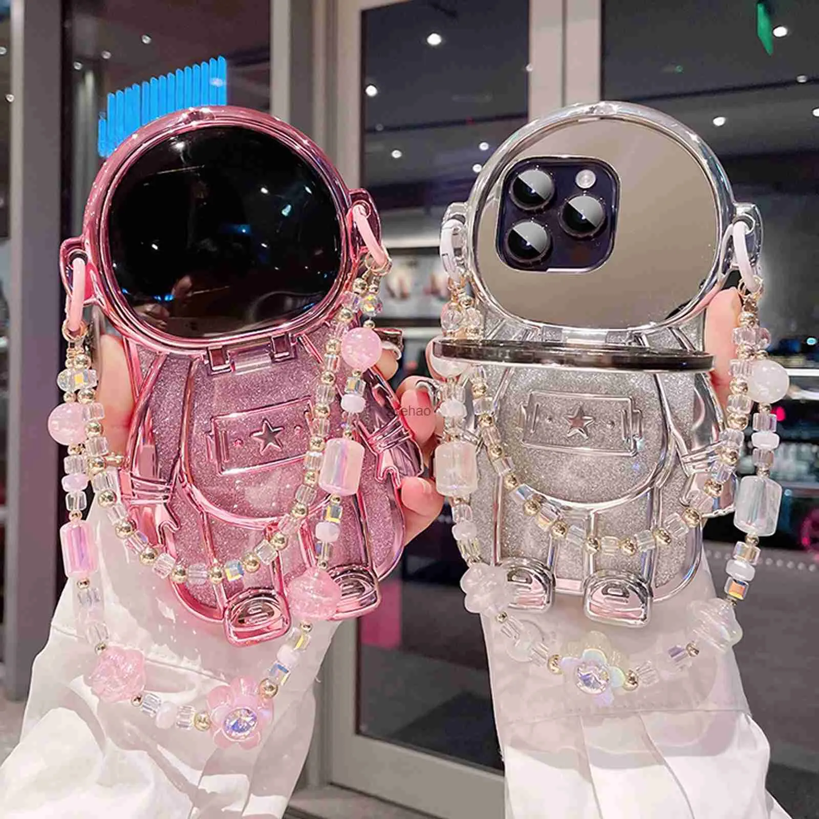 Чехлы для мобильных телефонов Роскошный 3D-объектив астронавта Зеркальный кронштейн для макияжа с ремешком Чехол для телефона для iPhone 15 14 13 12 11 Pro Max + Plus Задняя крышка с ремешкомL240105
