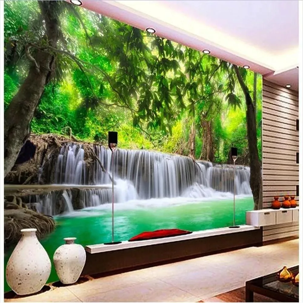 خلفيات مخصصة الجدار الجداريات الجداريات ثلاثية الأبعاد خلفية 3 د HD Jungle River الشلال صورة 3D الجلوس غرفة خلفية الصورة