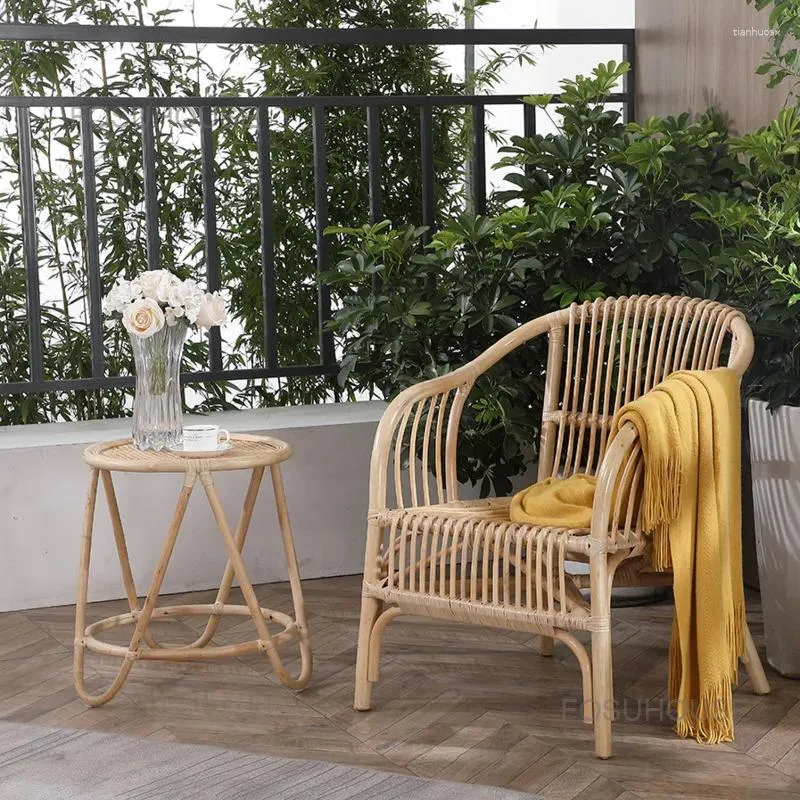 Camp Furniture Real Rattan Outdoor Chairs Leisure Beach Chair Back Teahouse Balcony Woven Armchair