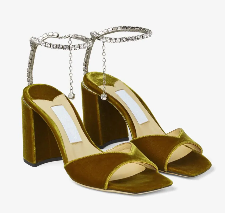 Flickor Sandal Saeda Sandal/BH 85 Verzierte Sandalen Saeda Aus Samt Woman High Heel Block Heeled Strass Strap Lady Dress Shoes With Box 35-43