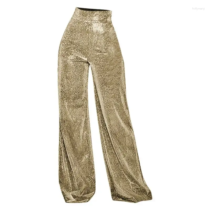 Pantalon actif brillant femmes paillettes jambe large pantalon décontracté dos fermeture éclair ample Flare cloche bas soirée Clubwear élastique