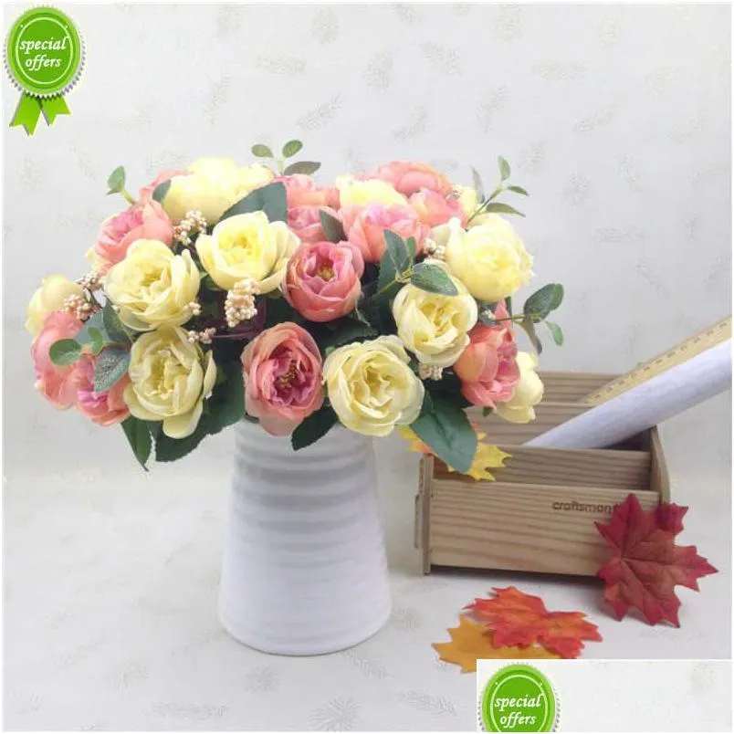 Dried Flowers European Style 10 Head Tea Roses Simated Bouquet Wedding Silk Fabric Home Decoration With Artificial Rose Camellia Bud Dh1Gy