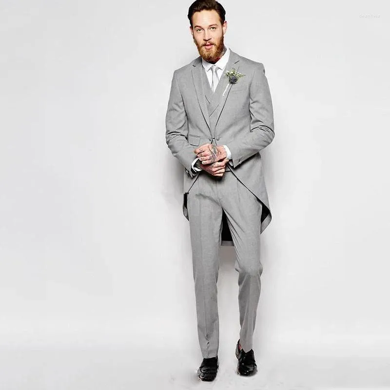 Men's Suits 2024 Classic Men Grey Long Tailcoat Wedding Groom Tuxedos Tailor Made Morning Dinner Groomsmen Fromal Party 3 Pieces