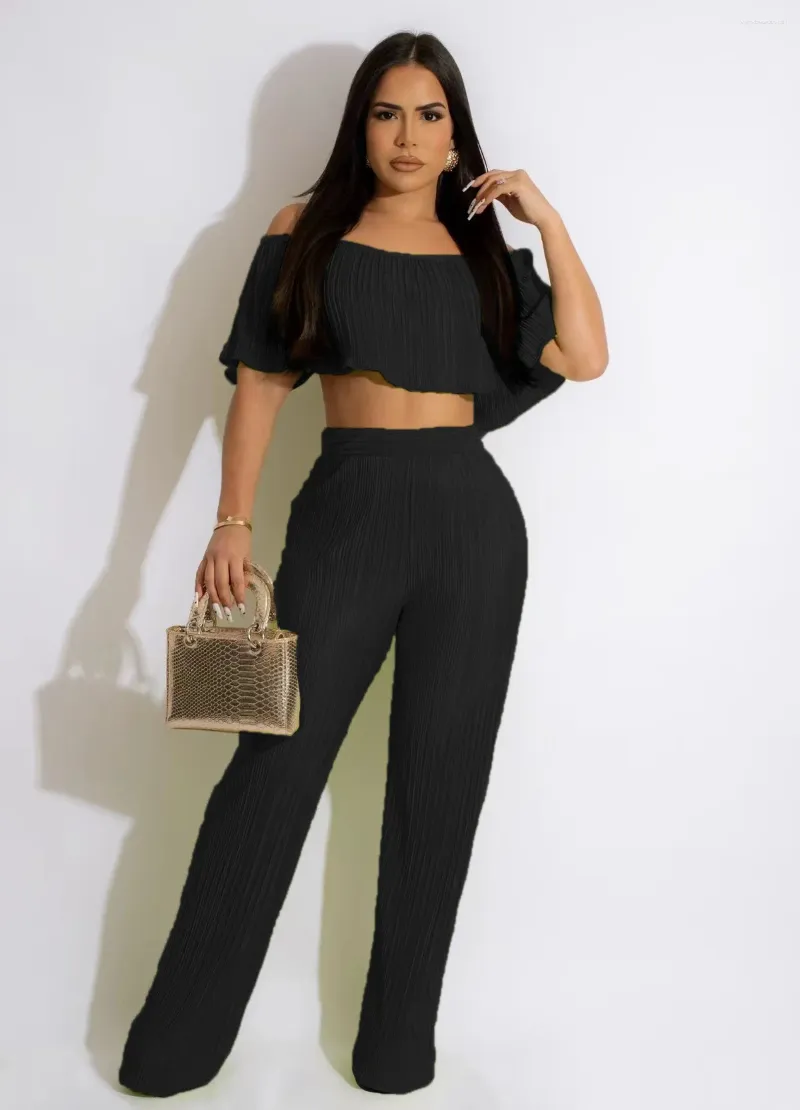 Women's Two Piece Pants 2024 Women's Pleated Solid Color Off-Shoulder Tube Top Loose Flared Two-Piece Set