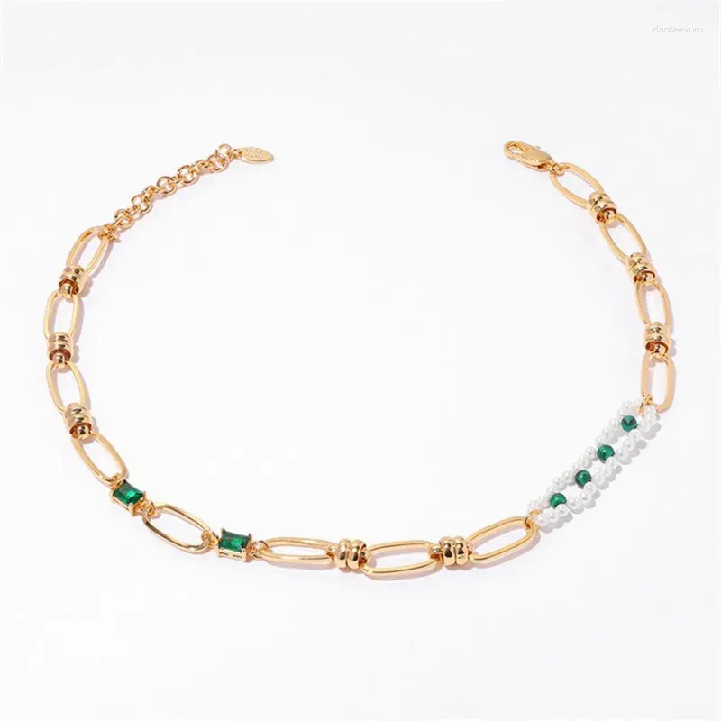 Chains Temperament Vintage Green Zircon Natural Malachite Necklace Artificial Pearl Brass 18K Gold Plated Thick Chain Female Jewelry