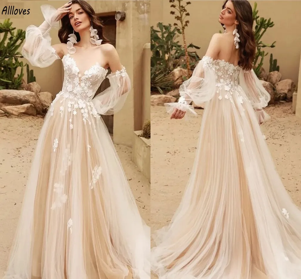 Bohemian Şampanya Tül Çıkarılabilir Uzun Kollu Çiçek Düzenli Kalkışlı Gelinlik Seksi Sweetheart Gelin Vestidos de Novia Cl3179